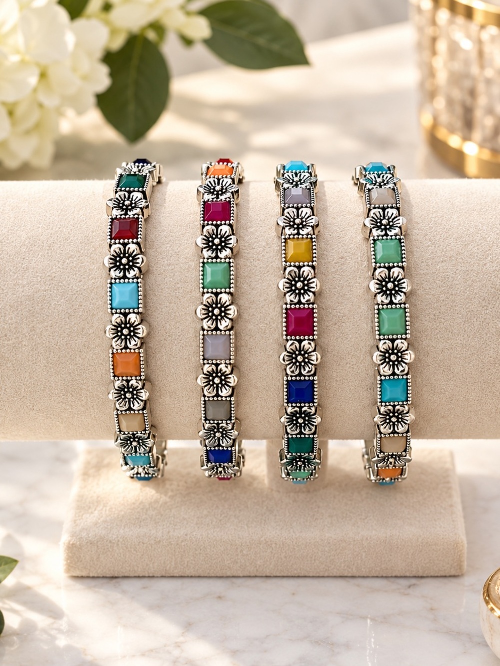 Colorful Floral Mosaic Bracelet Set of 4 NWOT